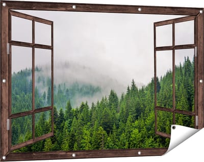Gards Tuinposter Doorkijk Groen Bos met Bomen tijdens de Mist - 120x80 cm - Tuindoek - Tuindecoratie - Wanddecoratie buiten - Tuinschilderij