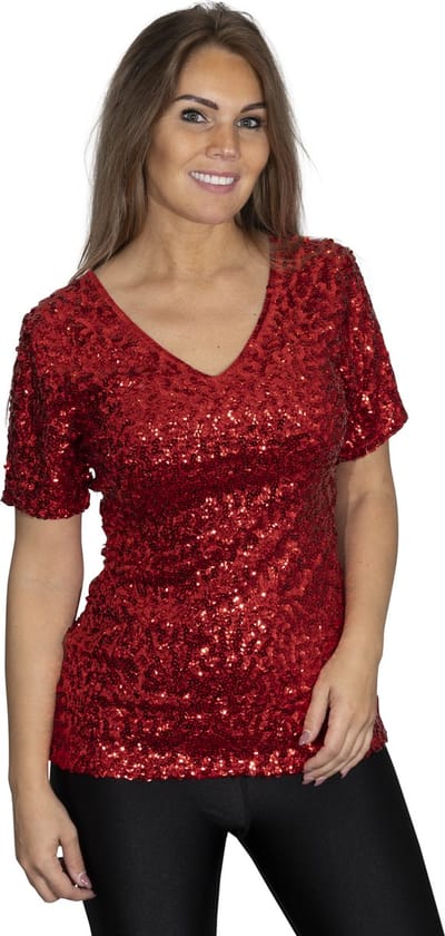 Pailletten topje - shirt - Rood - Maat S/M - Maat 38/40 - Disco - Toppers 2025