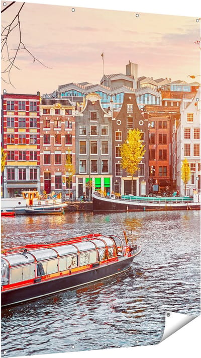 Gards Tuinposter Amsterdamse Huisjes vanaf de Grachten - 120x180 cm - Tuindoek - Tuindecoratie - Wanddecoratie buiten - Tuinschilderij