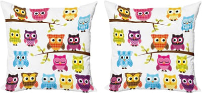ABAKUHAUS Decoratieve kussenhoezen voor de kleuterschool, 2 stuks, patchwork uil 45x45 cm, wit meerkleurig