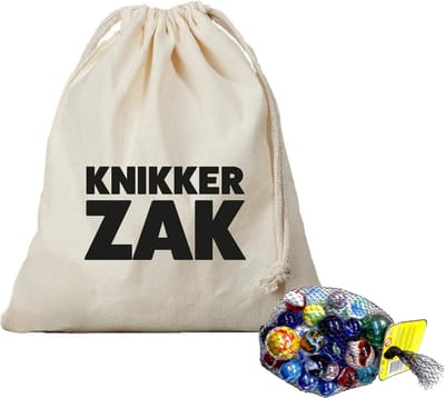 Canvas knikker opbergzakje - bedrukt met Knikkerzak - en 1 kilo knikkers en bonken - Knikkeren