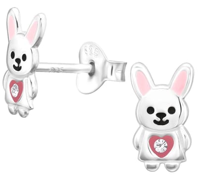 Joy|S - Zilveren konijn oorbellen - zilver roze met roze hartje - 5.3 x 9 mm - kristal - kinderoorbellen