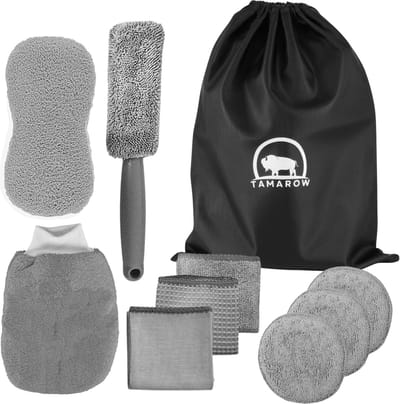 Tamarow Autowas Set 10 Delige - Autoreininging - Schoonmaak Set - Car Cleaning Set - Velgenborstel - 2 in 1 Spons - Microvezel - Grijs
