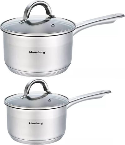 2 x steelpan / sauspan - steelpan met glazen deksel - Ø14 en Ø18 cm - RVS - 1 liter en 2,1 liter