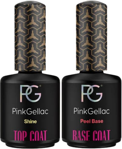 Pink Gellac Gellak Set - Manicure Set met Peel Off Base Coat 15ml en Top Coat Shine 15ml - Voordeelbundel - Peel Off Base Coat Gellak voor Eenvoudige Verwijdering - Top Coat Gellak voor een Glanzende Finish - Gel Nagellakset voor Thuis - Transparant