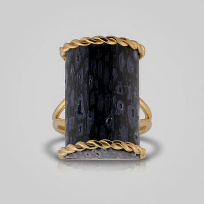 Cavill - 925 Sterling Zilver Ring - Versteend Jambi Palmhout 17 ct Baguette Cabochon - Modern Bali Barong Design - Statement 24x21 mm