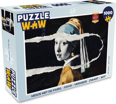 Puzzel Meisje met de Parel - Goud - Vermeer - Zwart - Wit - Legpuzzel - Puzzel 1000 stukjes volwassenen