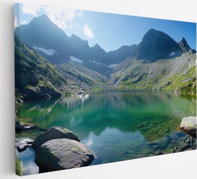 Saammp Canvas Schilderij - Blauw water tussen de bergen - Natuur - Landschap - 30x20 - Foto op canvas - Wanddecoratie - Muurdecoratie Woonkamer - Slaapkamer decoratie - Canvas Print