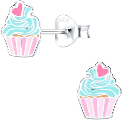 Joy|S - Zilveren cupcake oorbellen - met roze hartje - 6 x 8 mm oorknoppen - t61
