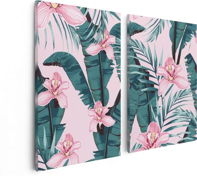 Artaza Canvas Schilderij Tweeluik Tropische Roze Zomer Bloemen Met Bladeren - 80x60 - Foto Op Canvas - Canvas Print