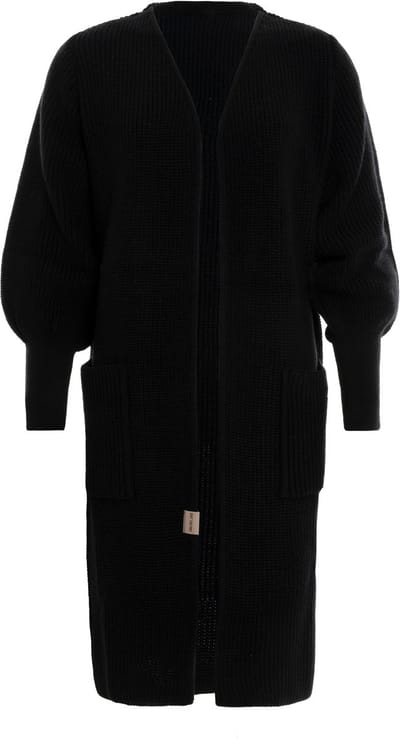 Knit Factory Patty Lang Gebreid Vest Zwart - Gebreide dames cardigan - Lang vest tot over de knie - Zwart damesvest - Pofmouw - 30% wol en 70% acryl - 36/38