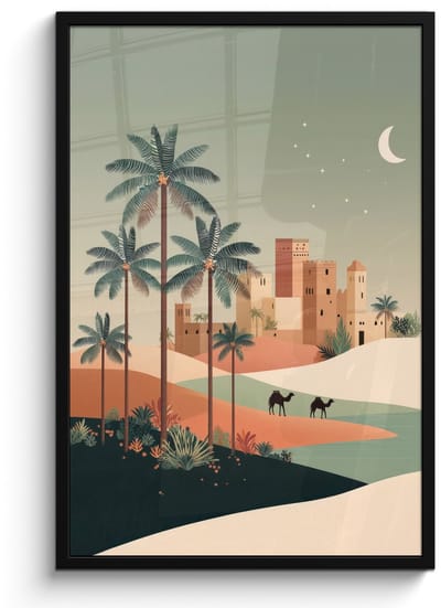 Poster in lijst - Fotolijst 60x90 cm - Posters - Nachtlandschap - Kamelen - Sterren - zandduinden - Posterlijst zwart - Decoratie - Wanddecoratie woonkamer - Muurdecoratie slaapkamer