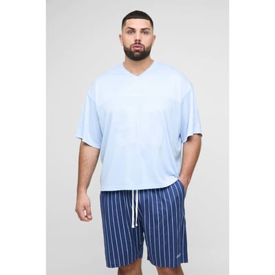 Plus Oversized Boxy Hockey Applique T-Shirt & Airtex Shorts Set | Blue | Size 2XL