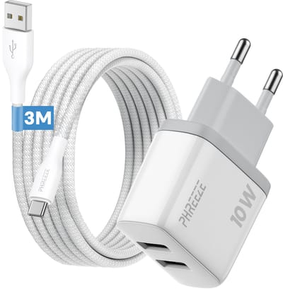 Phreeze 12w usb adapter - Usb naar usb C kabel 3 meter - 5v 2a power adapter met 2 poorten voor usb C smartphone tablet ereader controller - Oplader