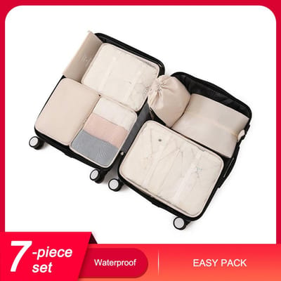 Ensemble de sacs de rangement portables de voyage, 7 pièces, Kit d'organisation de vêtements, sacs d'emballage de voyage, organisateurs de bagages beige
