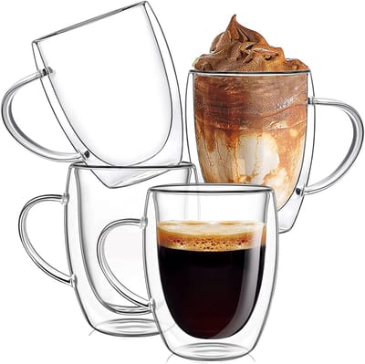 4 dubbelwandige glazen kopjes, 350 ml, geïsoleerd koffieglas met handvat, thermoglas, theeglas, dubbelwandig borosilicaatglas, voor latte, koffiezetapparaat, cappuccino, melk, bier, thee