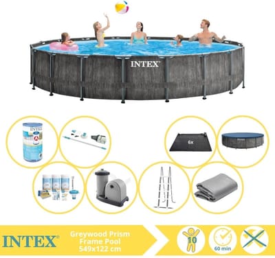 Intex Prism Frame Greywood Zwembad - Opzetzwembad - 549x122 cm - Inclusief Onderhoudspakket, Filter en Stofzuiger