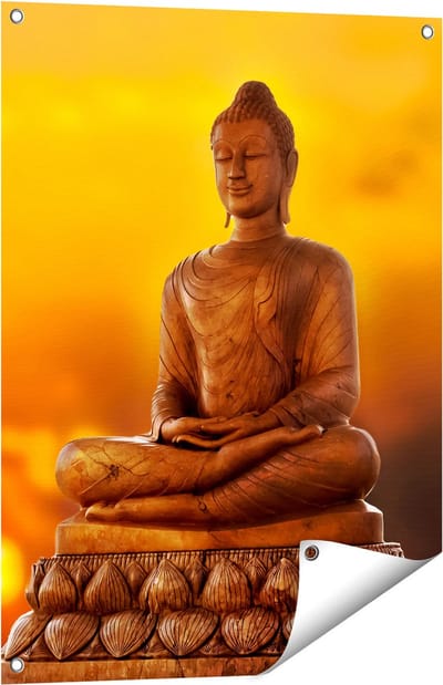 Gards Tuinposter Boeddha Standbeeld bij Zonsondergang - 60x80 cm - Tuindoek - Tuindecoratie - Wanddecoratie buiten - Tuinschilderij