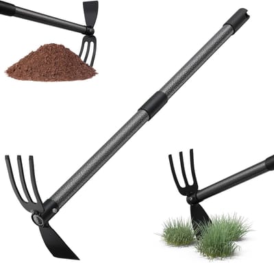Tuinhak met roestvrij staal - dubbele 3-tanden - onkruidhark - 116 cm - multifunctionele hakken - tuingereedschap voor losmaken luchten wieden - metaal - tuinieren