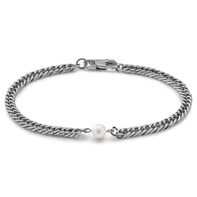 Ocata | Armband met Zilverkleurige Cubaanse Schakels en Parels