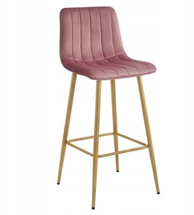 Barkruk POZZA - Donkerroze Fluweel - Eikenlook Metalen Poten - Moderne Barkruk met Rugleuning