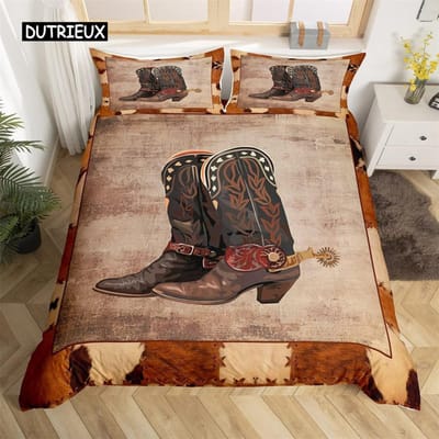 Exotische Boerderij Westerse Cowboy Dekbedovertrek Set Twin King Bloemen Beddengoed Set Koeienhuid Patchwork Dekbedovertrek Slaapkamer Decor EU single(135x200cm)