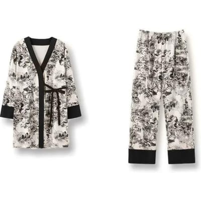 Retro Bedrukte Pyjama, Dames Pure Katoen Pyjamaset, Lente en Herfst Pyjama, Huispak Set, Lange Mouwen, Broek, Losse Koreaanse Versie 3XL gray