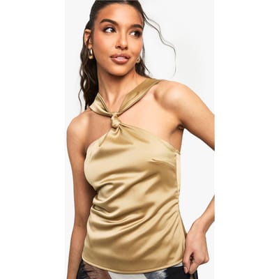 boohoo Dames Satijn Top met Knoopbanddetail | Mocha | Maat: 10