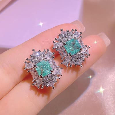 Sieradenset Europese en N Vierkante Oorbellen met Bloem Zirkonia Ring Set voor Vrouwen gray