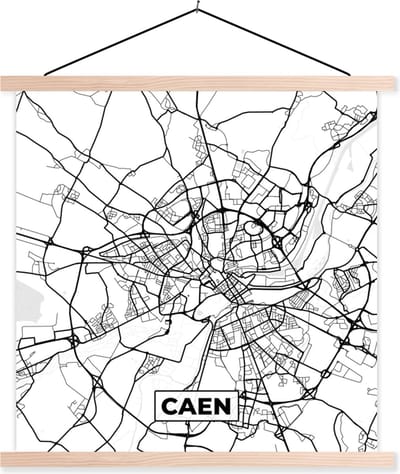 Posterhanger incl. Poster 40x40 cm - Schoolplaat - Stadskaart - Frankrijk - Kaart - Plattegrond - Caen - Zwart wit - Textielposter - Blanke latten - Stadskaart