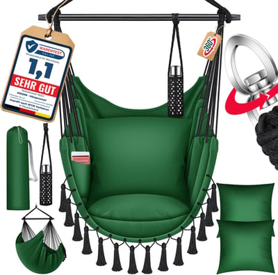 KESSER® Hangstoel Safari XXL met 2 kussens, drankhouder & boekenrek voor Binnen en Buiten tot 150 kg - Groen