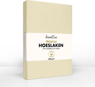 Loom One Premium Hoeslaken – 97% Jersey Katoen / 3% Lycra – 180x220 cm – tot 40cm matrasdikte– 200 g/m² – voor Boxspring-Waterbed - Natural / Crème