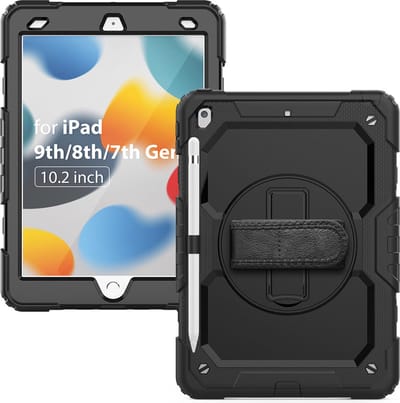 Tablethoes Geschikt voor iPad 10.2 (2019 / 2020 / 2021) Tablet Kids case - Armor Case - Schermbeschermer - ShockProof - Handstrap - met Schouderband - Zwart / Zwart - ZT Accessoires