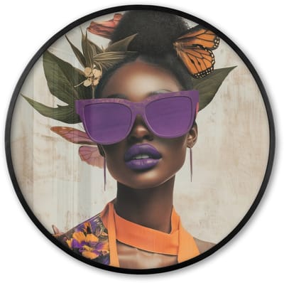 Poster in lijst Rond - Fotolijst 60x60 cm - Posters - Vrouw - Zonnebril - Vlinder - Bloemen - Ronde posterlijst zwart - Decoratie - Wanddecoratie woonkamer - Muurdecoratie slaapkamer