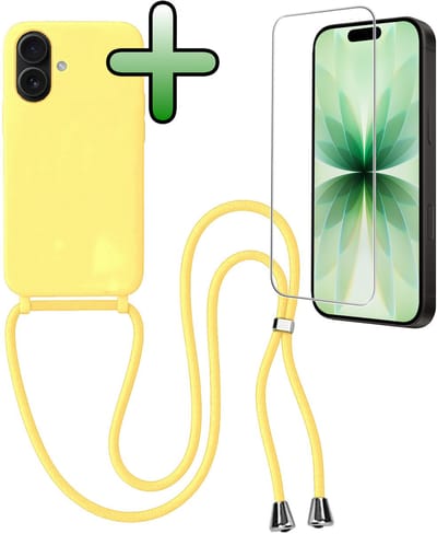 Hoes Geschikt voor iPhone 17 Hoesje Met Koord Met Screenprotector - Telefoonhoesje Geschikt voor iPhone 17 Backcover Met Afneembaar Koord - Geel