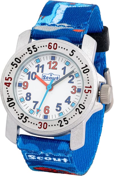 Scout Kinderuhr analog aus der Serie "Action" mit blauem Textilband mit Dino-Motiven und Quarzwerk