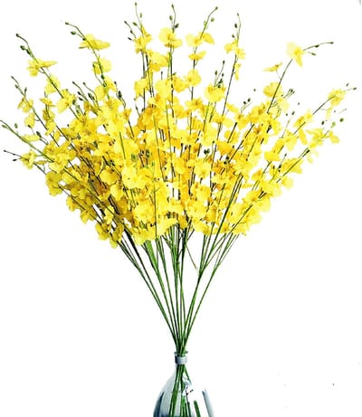 12 stuks Kunstmatige Orchideeën Bloemen Nep Zijde Dansende Dame Orchidee Faux Lange Stam Bloemen Planten voor Thuis Bruiloft Kantoor Feest Indoor Outdoor Decoratie (Geel) - 95 cm