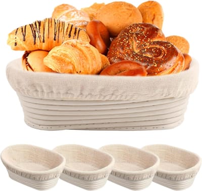 Rijsmanden Brood - Zuurdesem Starter Kit - Brood Bakken - Handgemaakt Rotan Riet - 4 Stuks Ovaal - Beige