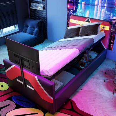 Kinderbed 90x200cm - esports-stijl - met LED-verlichting - met opbergruimte en ingebouwde tv-standaard - gamebed - rood - zonder matras