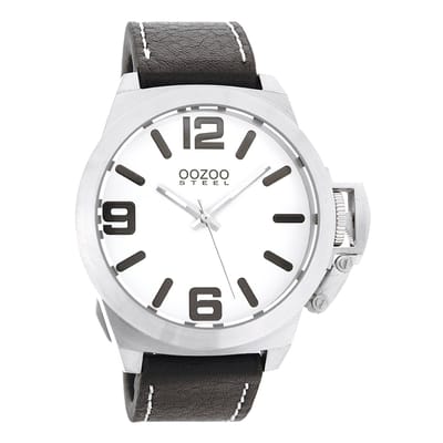 OOZOO Timepieces - Zilverkleurige horloge met zwarte leren band - OS010