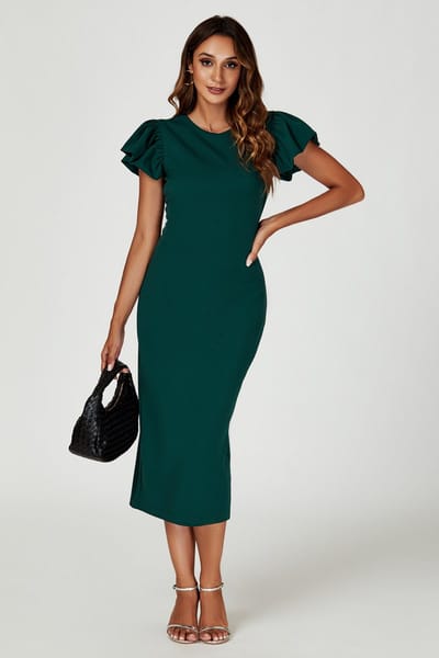 Bodycon midi-jurk met volumemouwen in groen