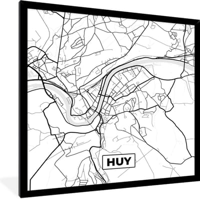 Fotolijst incl. Poster Zwart Wit- Stadskaart – Zwart Wit - Kaart – Huy – België – Plattegrond - 40x40 cm - Posterlijst