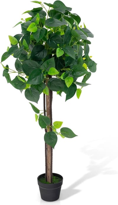 KOMFOTTEU 114 cm Kunstmatige potboom, kunstzijde, binnenplant met donkergroene hortensiabladeren, stam, PE-rotan, mos, kunstboom voor kantoor, thuis