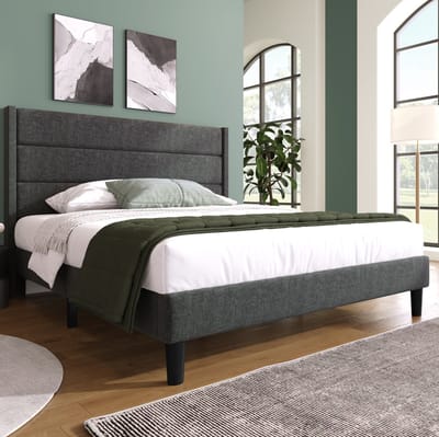 MEUNIQ Gestoffeerd bed 140 x 200 cm met lattenrost, gepolsterd hoofdbord en opbergruimte onder het bed, slaapkamer, grijs