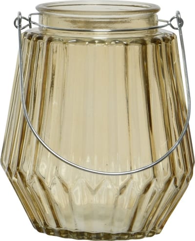 Decoris Waxinelichthouder - streepjes glas - taupe - metalen handvat - 11 x 13 cm