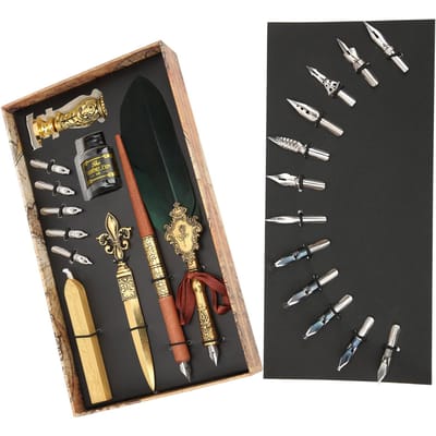 Kippenveren Pen Set Retro Britse Creativiteit Schrijfpak voor Zakenstel Oudere Leraar CadeauDonker black