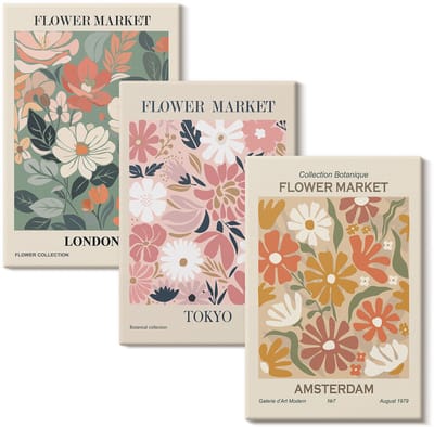 Wallfluent Set van canvas schilderijen - Bloemenpatronen Londen Tokio en Amsterdam posters Canvas Schilderijen Set - set 3 stuks 20x30 cm - Beige Set van Canvas Prints - Natuur Canvas Kunst Set - Boheemse Canvas Kunst Set