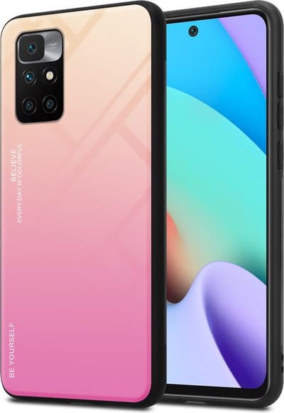 Cadorabo Hoesje geschikt voor Xiaomi RedMi 10 in GEEL - ROZE - Tweekleurige beschermhoes van TPU-silicone Case Cover en achterzijde van gehard glas