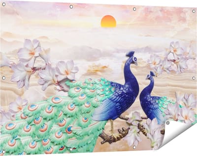 Gards Tuinposter Twee Pauwen bij Elkaar met Bloemen - Liefde - 120x80 cm - Tuindoek - Tuindecoratie - Wanddecoratie buiten - Tuinschilderij