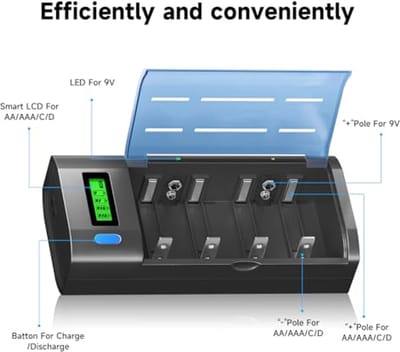 Universele Batterijlader voor AA AAA C D 9V - Snel Opladen, LCD Display, Ontladingsfunctie